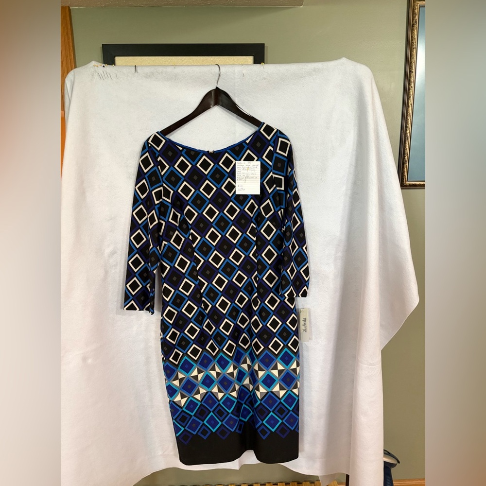 Eliza J Blue and Black Diamond Pattern Dress